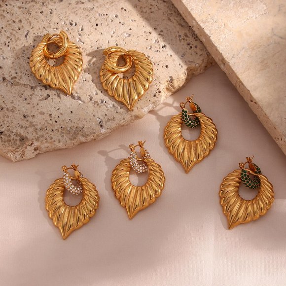 Zircon Micro Pave Chunky Palm Leaf Drop Statement Earrings 18K Gold Plated - Picture 7 of 7